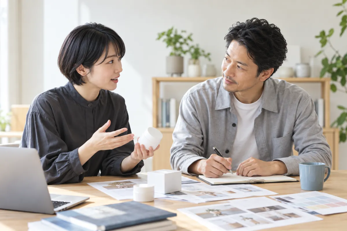 商品を手に説明する女性クライアントと、その話に耳を傾ける男性スタッフ