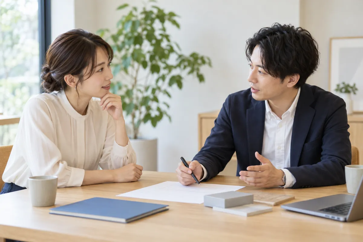 女性クライアントと男性スタッフが成果地点を相談する様子